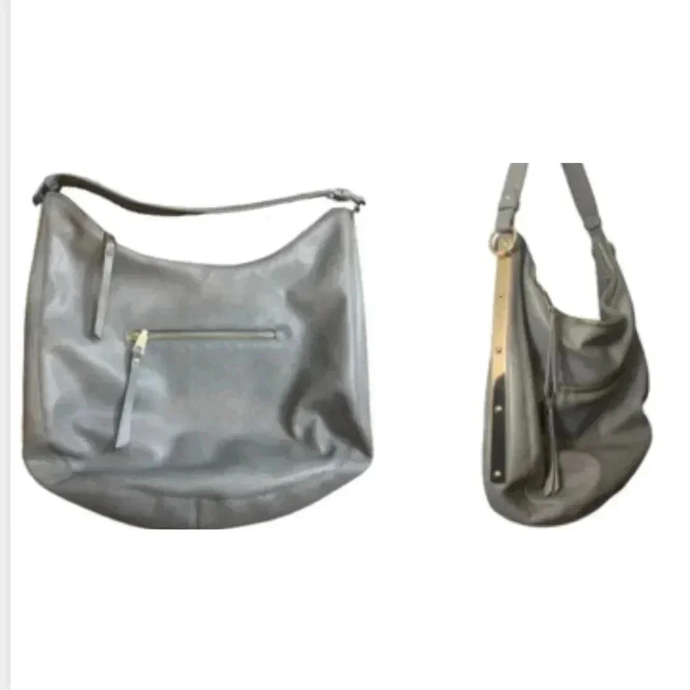 MMS HOBO VEAGAN LEATHER BAG TAUPE GRAY GOLD‎ HARDWARE ZIPPER CLOSURE MEDIUM SIZE
